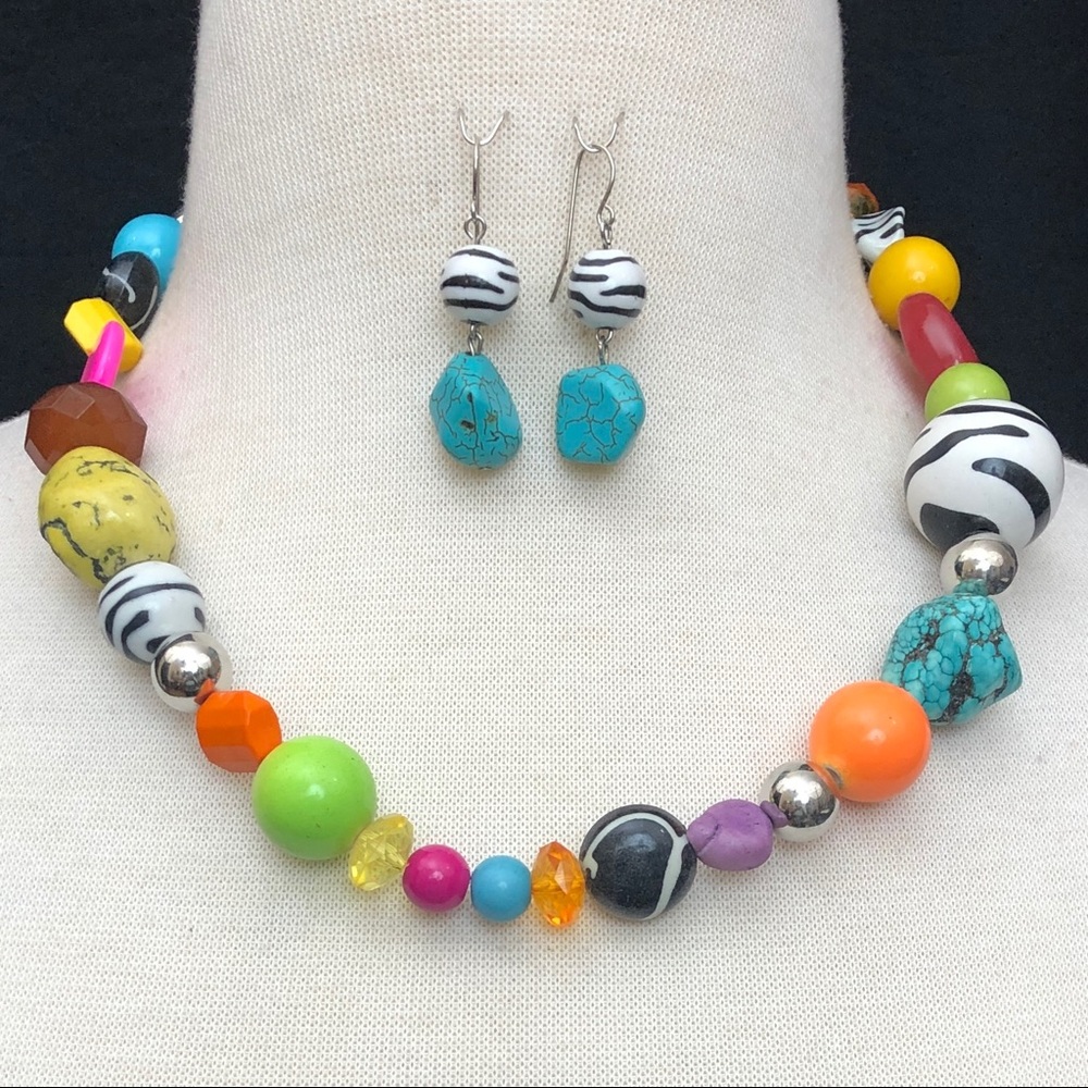 Multicolor Chunky Zebra Stripe Mixed Bold Bright Statement Necklace Earrings Set
